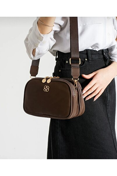 selma demir Kadın Kahverengi Paraşüt Kumaş Kolon Askılı 3 Bölmeli Postacı Çanta