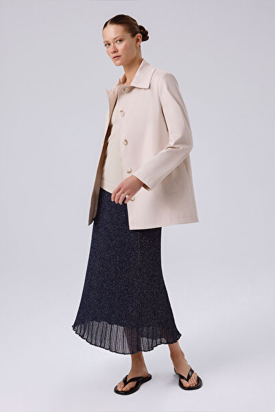 Triko Mısırlı Açık Bej Gömlek Yaka Düğmeli Kadın Trençkot