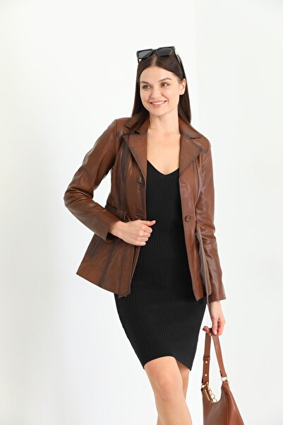 Genel Markalar Kadın Kahverengi Beli Kemerli Blazer Deri Ceket / Gerçek Deri