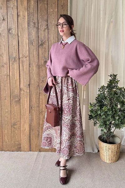 Ceylan Otantik Φούστα Dusty Rose Ethnic Pattern Βαμβακερή σατέν φούστα