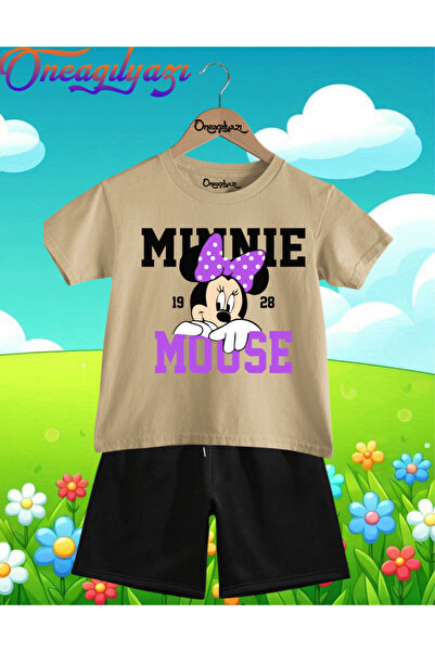 oneagılyazı Minnie Mouse ljubičaste Štampano Oversize kroj dečije šortseve T-...