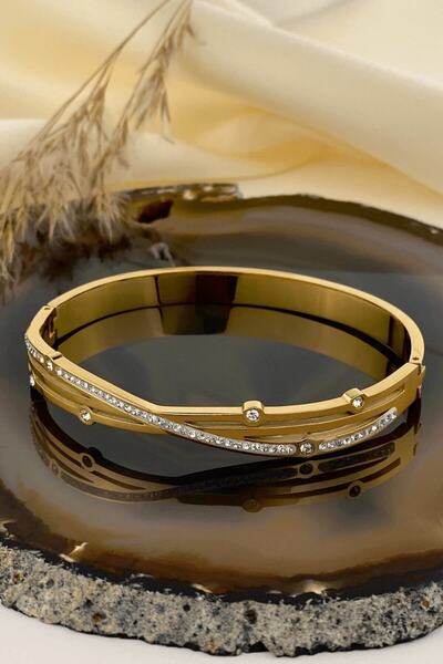 tokasepeticom Tokasepeti Dalgalı Taşlı Kelepçe Bileklik Dore