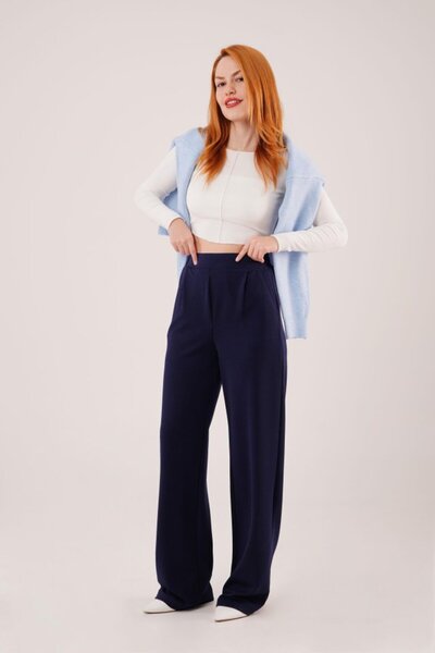 TUA MODA Tua Moda High Waist Wide Leg Crepe Navy Blue Trousers