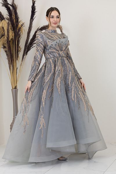 Surikka Draped Yaren Evening Dress with Stones on the Front