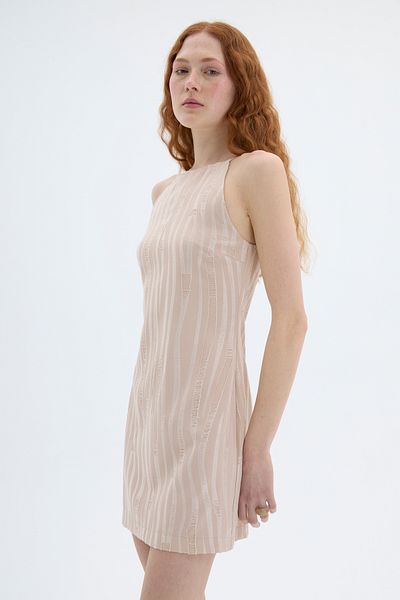 Quzu Rochie mini texturată cu guler halter de culoare bej