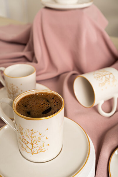 Unique 6 Kişilik 12 Parça Hayat Ağacı Gold Kahve Fincanı Seti - Şıklık ve Zarafetle Porselen Fincan Takımı