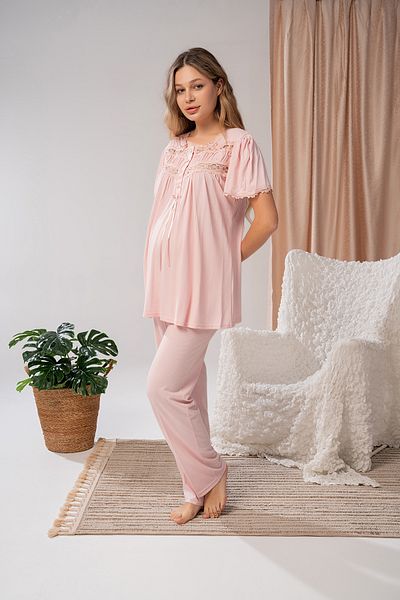 LOHOUSE Women's Powder Special Woven Design Maternity Pregnant Dressing Gown 3-Piece Pajama Set