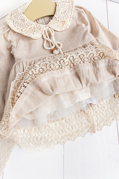 Babymod Dantel Detaylı Dokuma Kumaş Bej Kız Bebek Elbise Şık Özelgün Elbise