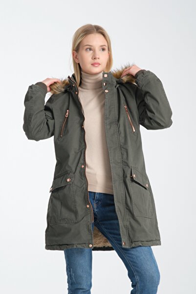 DYNAMO Γυναικείο παλτό με πράσινη κουκούλα με αφαιρούμενη ζεστή επένδυση από γούνα