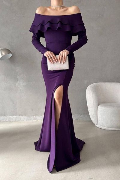 DÖPİYES Ruffle Collar Slit Long Evening Dress