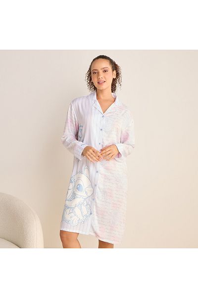 FAV Angel and Stitch Print Sleepshirt with Collar and Long Sleeves