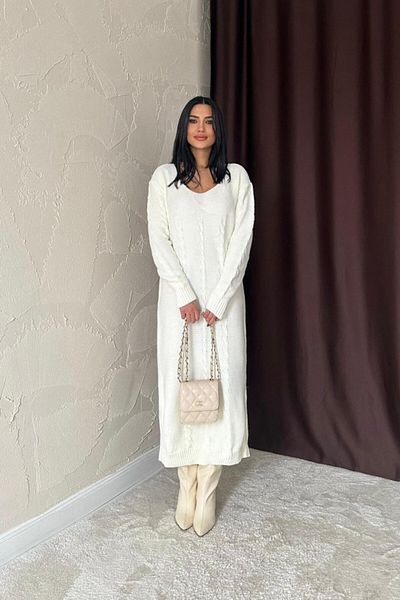 modaserdem White Belted Knitwear Dress