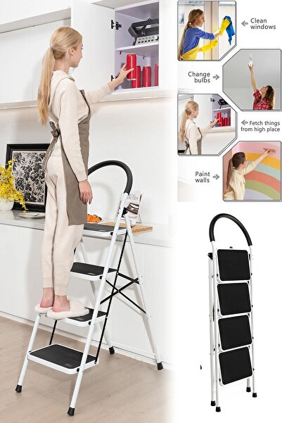 Magnotto Katlanabilir Ev Ofis Bahçe Için Merdiven Katlanır Pratik 4 Basamaklı Büyük Geniş Metal Merdiven