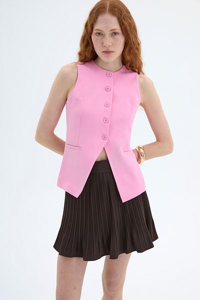 Quzu Pink V-Line Sleeveless Vest - Buttoned