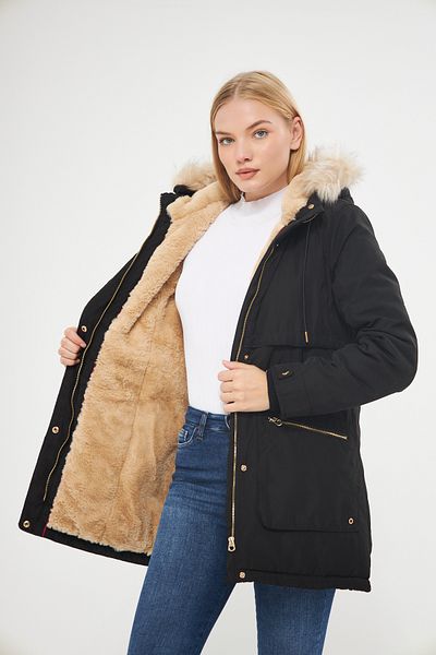 DYNAMO Women's Black Hooded Thick Coat with Removable Fur Lining on the Hood 5565-1