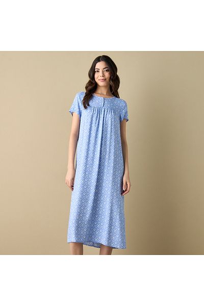 FAV All-Over Print Night Dress with Button Placket and Short Sleeves