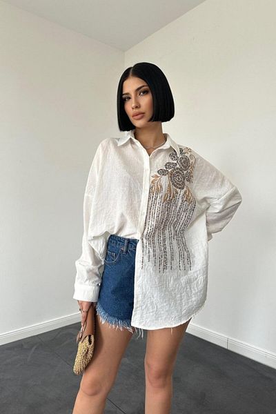 modaserdem Ecru Pulpayet Embroidered Sizeless Shirt