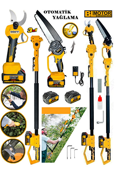 Eisenn German 3Lü Budama Set Yellow otomatik Yağlamalı Zincirli Testere Şarjl...