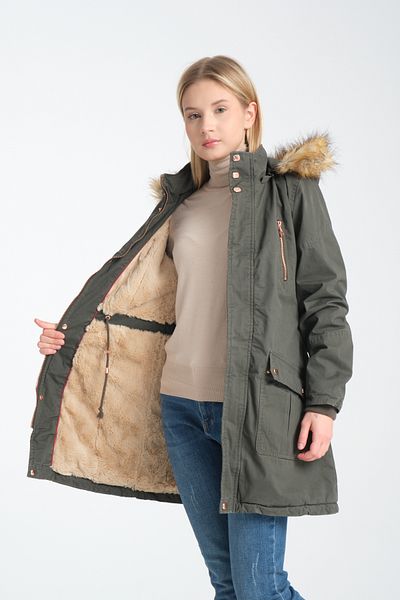 DYNAMO Women's Green Hood Detachable Warm Fur Lined Thick Coat