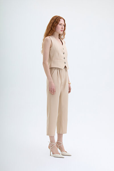 Quzu Μπεζ Χρώμα Μπροστινό Γιλέκο με Κουμπί