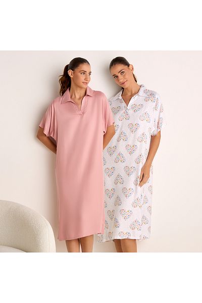 FAV Set of 2 - Tiered Sleepshirt with Collared Neckline and Button Closure