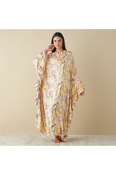 FAV All-Over Floral Print Kaftan Night Gown with Tie-Ups
