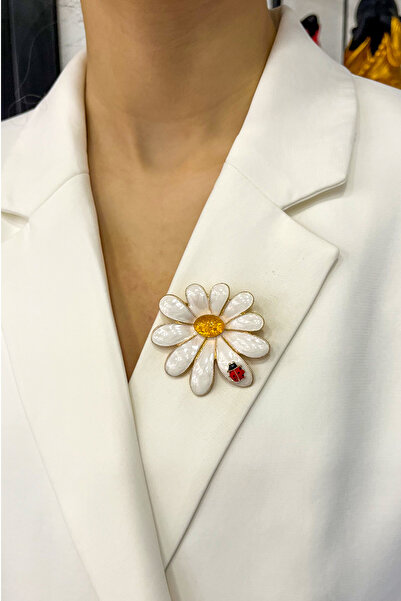 Modex Uğur Böceği Detaylı Sarı Papatya Broş (5cm)