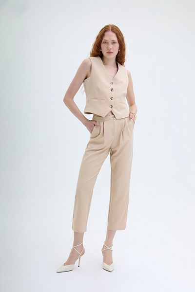 Quzu Beige Colored Front Buttoned Vest