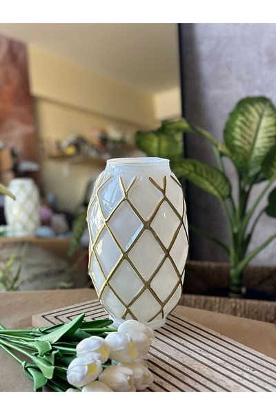 Kalya Concept Decorative White Glass Vase – Pineapple Patterned Gold Stripe (27X15 cm) Large Size |   Modern & Luxury Design