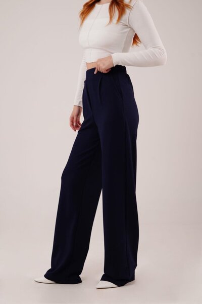 TUA MODA Tua Moda High Waist Wide Leg Crepe Navy Blue Trousers