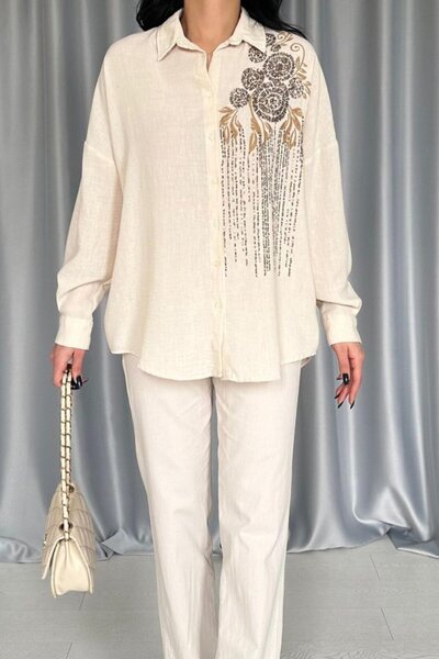 JANES قميص بدون مقاس مطرز بالترتر الكريمي