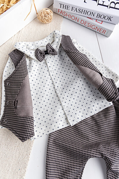 Babymod Goose Feet Patterned Vest and Bow Tie 4-Piece Baby Boy Suit Set Stylish Special Day