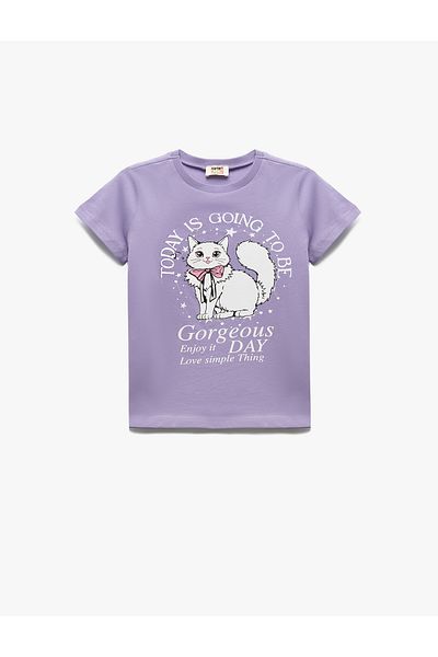 Koton Cat Printed Crew Neck Short Sleeve Cotton T-Shirt