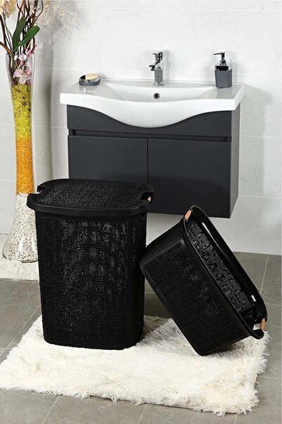 Bayev Woow Siyah Ahşap Saplı Kirli Sepeti Ve Çamaşır Sepeti Seti - Banyo Seti