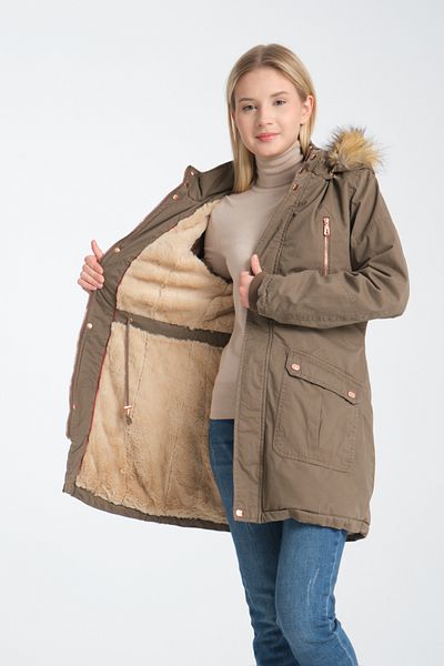 DYNAMO Women's Camel Hood Detachable Warm Keeping Fur Lined Thick Coat