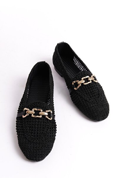 Bak Store Black Knitted Chain Detailed Blunt Square Shape Flat Women's Ballerinas