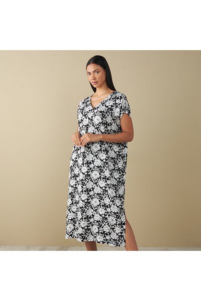 FAV All-Over Floral Print Night Dress with V-neck and Short Sleeves
