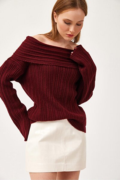 CALİENTE Knitwear Degaje Collar Sweater Claret Red