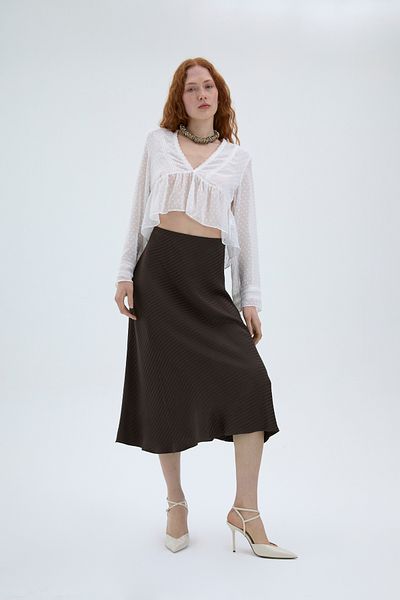 Quzu Brown Satin Midi Skirt - Stripe Textured