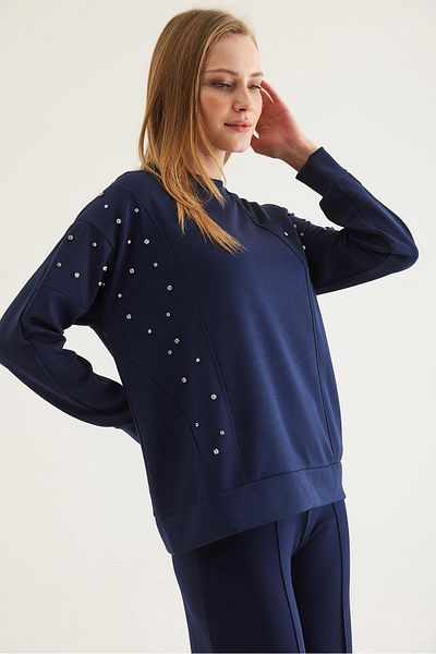 CALİENTE Stone Detailed Modal Sweatshirt Navy Blue