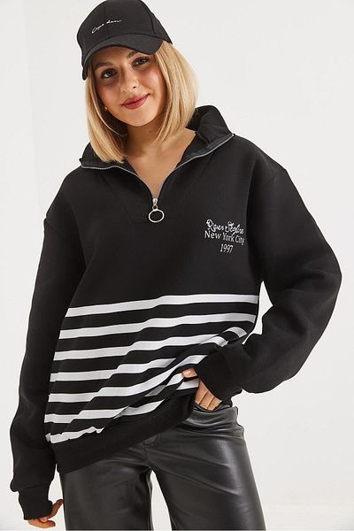 CALİENTE Printed Zippered Sweatshirt with Ribbon Inside Black