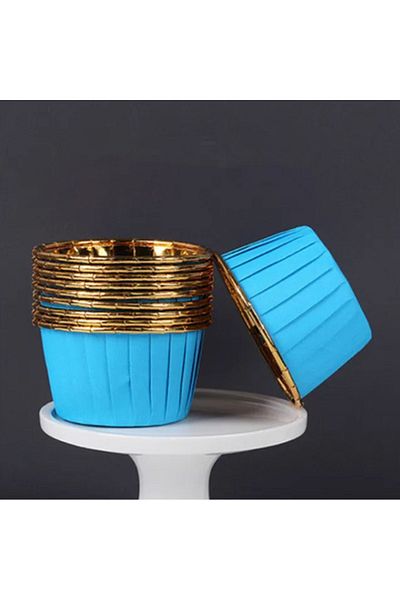 Ege Pastacılık Blue Gold Metallic 10-Piece Ovenable Muffin Cupcake Cake Mold Container Capsule 6,5X4Cm