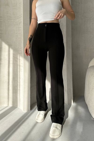 miyase life Women's Black Crepe Fabric Lycra Front Grassy Palazzo Trousers
