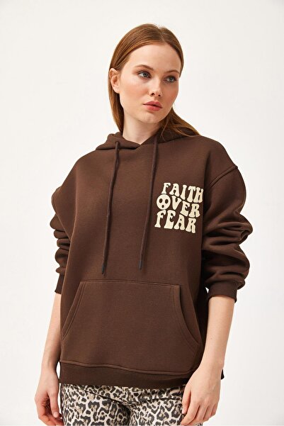 CALİENTE Oversize Hooded Kangaroo Pocket Sweatshirt Brown