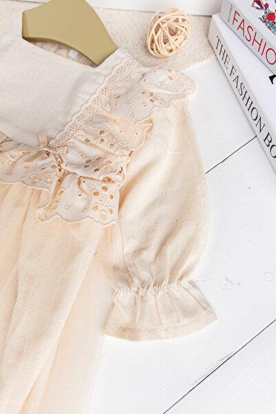 Babymod Fistolu Kare Yaka %100 Pamuk Krem Kız Bebek Elbise Özel Gün Doğum Günü