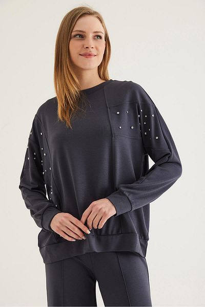 CALİENTE Stone Detailed Modal Sweatshirt Smoked