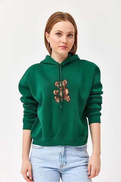 CALİENTE Embroidered Hooded Three Thread Sweatshirt Green