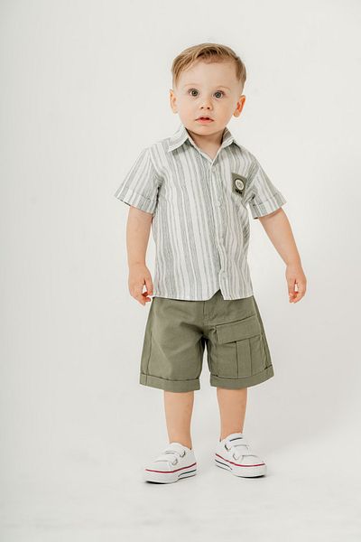 Titimixkids Boy's Stripe Patterned Shirt Shorts Double Set 1-4 Years