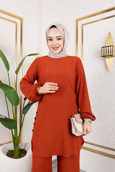 Moda Ebva Button Detailed Wrapped Fabric Hijab Suit-3153 Orange
