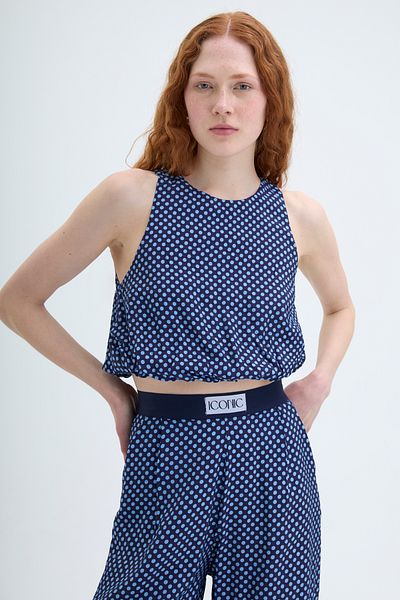 Quzu Navy Blue Low-Cut Back Spotted Blouse